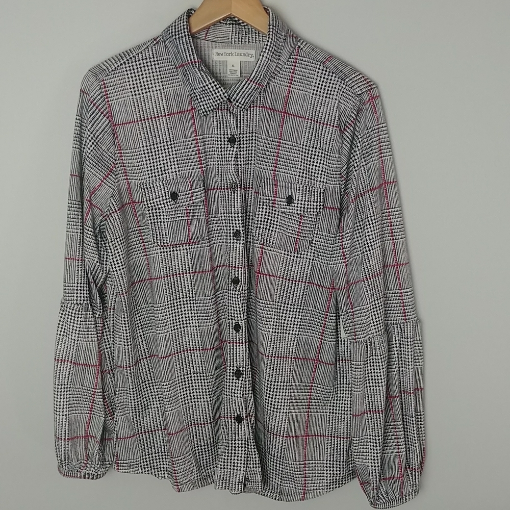New York Laundry Plaid Collared Shirt With Long Puffy Sleeves At Mid Length